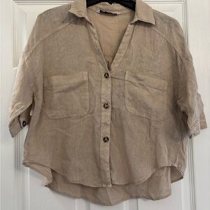 Zara Tan Button Down Shirt 100% Linen